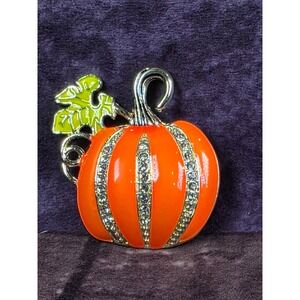 Orange Pumpkin Rhinestone Enamel Gold Tone Pin Brooch Fall Halloween